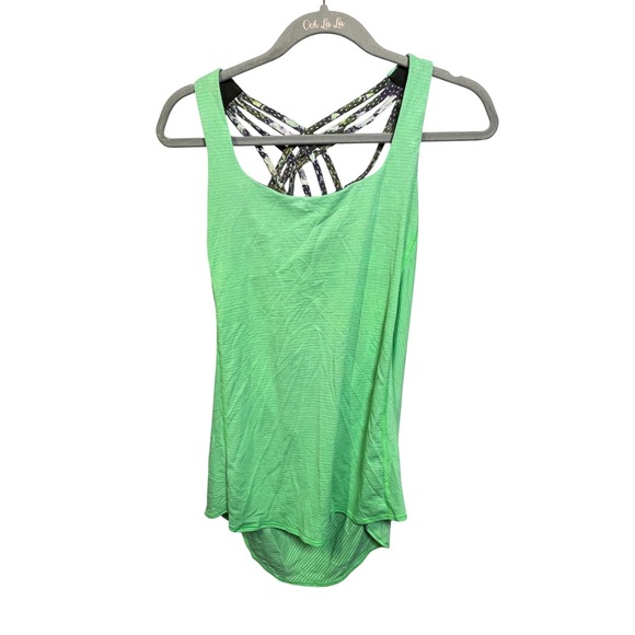 Lululemon Tops - Lululemon Lime Green Striped Strappy Back Tank Top with Built-in Bra Size 8